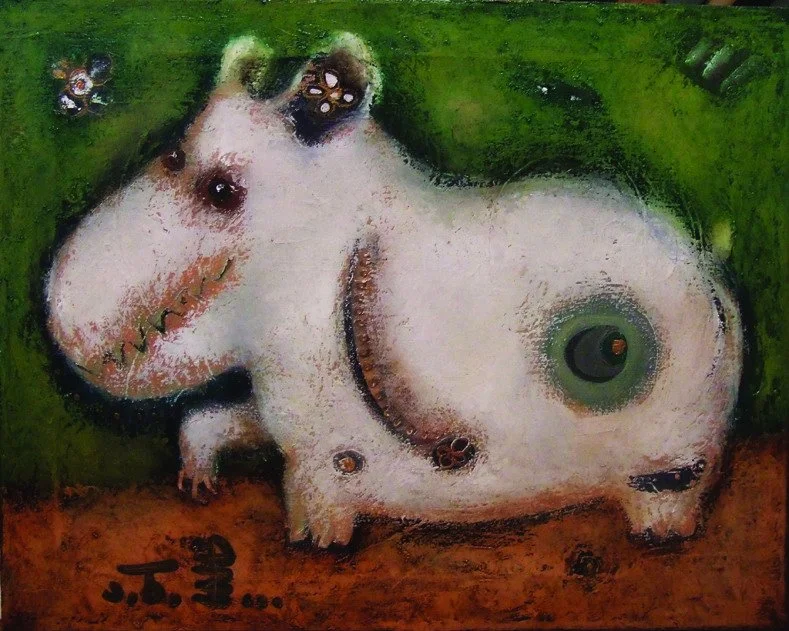 Abstract painting of a white hippopotamus with exaggerated features, set against a green background with some small floral elements and brown ground at the bottom.
