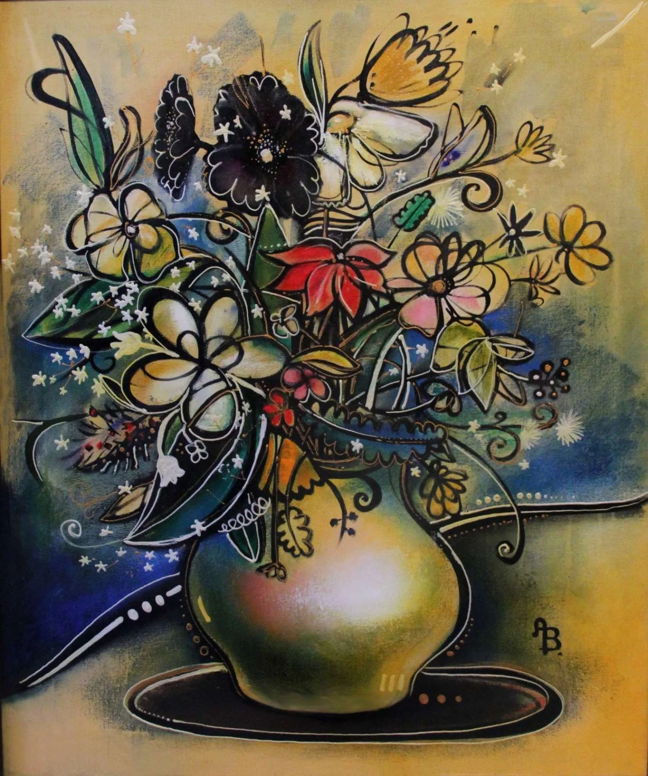 Colorful floral painting featuring a variety of flowers, butterflies, and insects in a vase with abstract background.