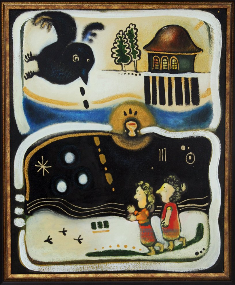 A colorful painting depicting two scenes separated by a wriggly white border. The top scene shows a black bird with wide eyes and a dashed line leading to a house, with trees and a body of water in the background. The bottom scene portrays two women 