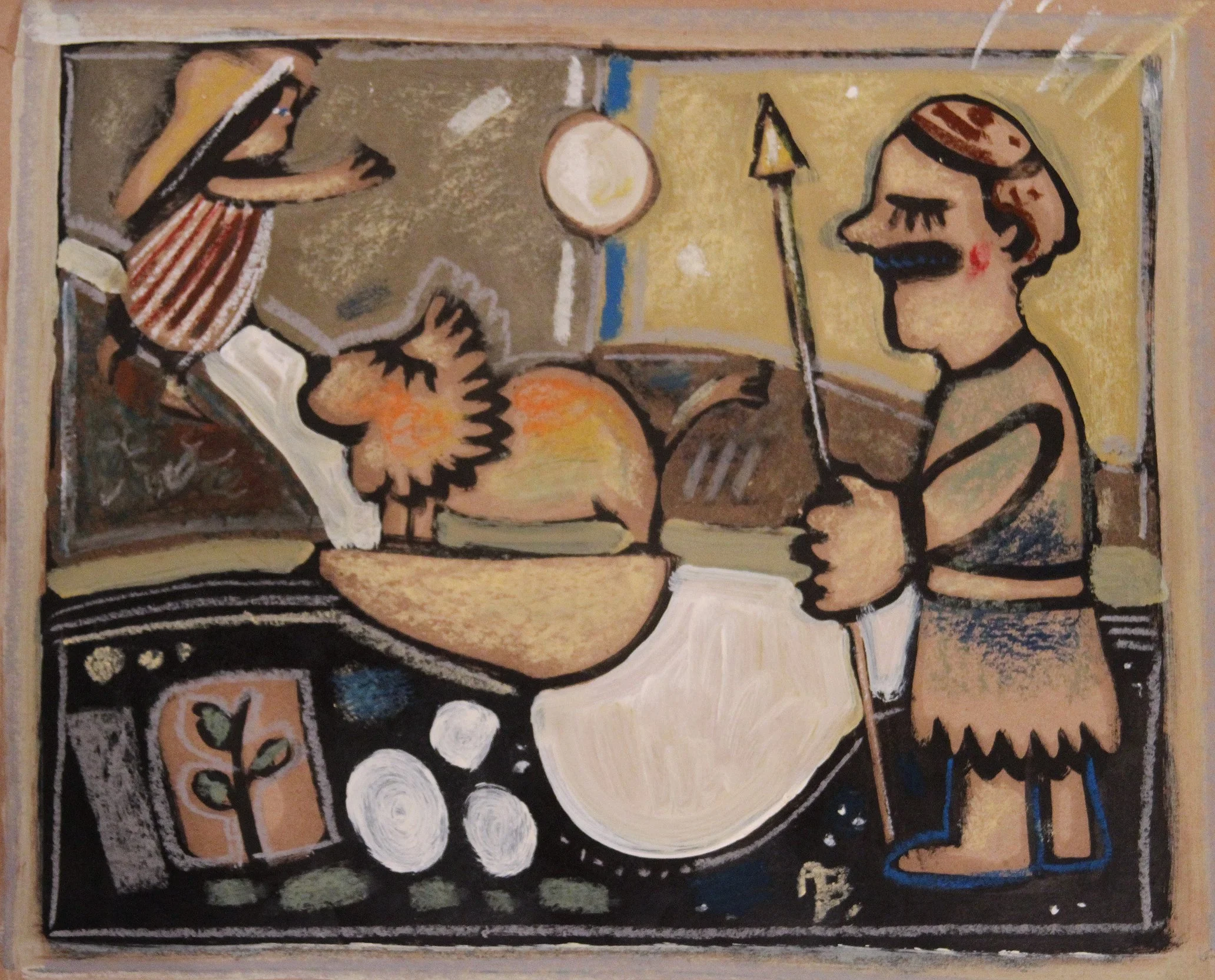 A colorful, abstract painting depicts a person with a mustache and dress holding a fork, another person wearing a striped dress reaching towards a roasted chicken on a table, with eggs and a plant in a pot in the foreground.