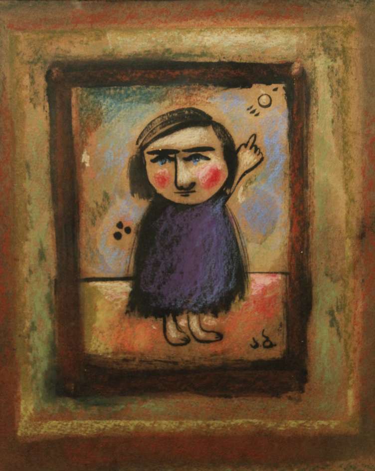 A colorful abstract painting of a person with a big head, blue eyes, and pink cheeks, standing inside a frame, raising one hand, with a sun or circle near the top right.