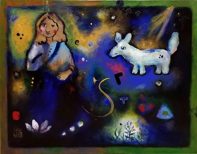Colorful abstract painting featuring a woman with long hair, a white dog, and various symbols and shapes.
