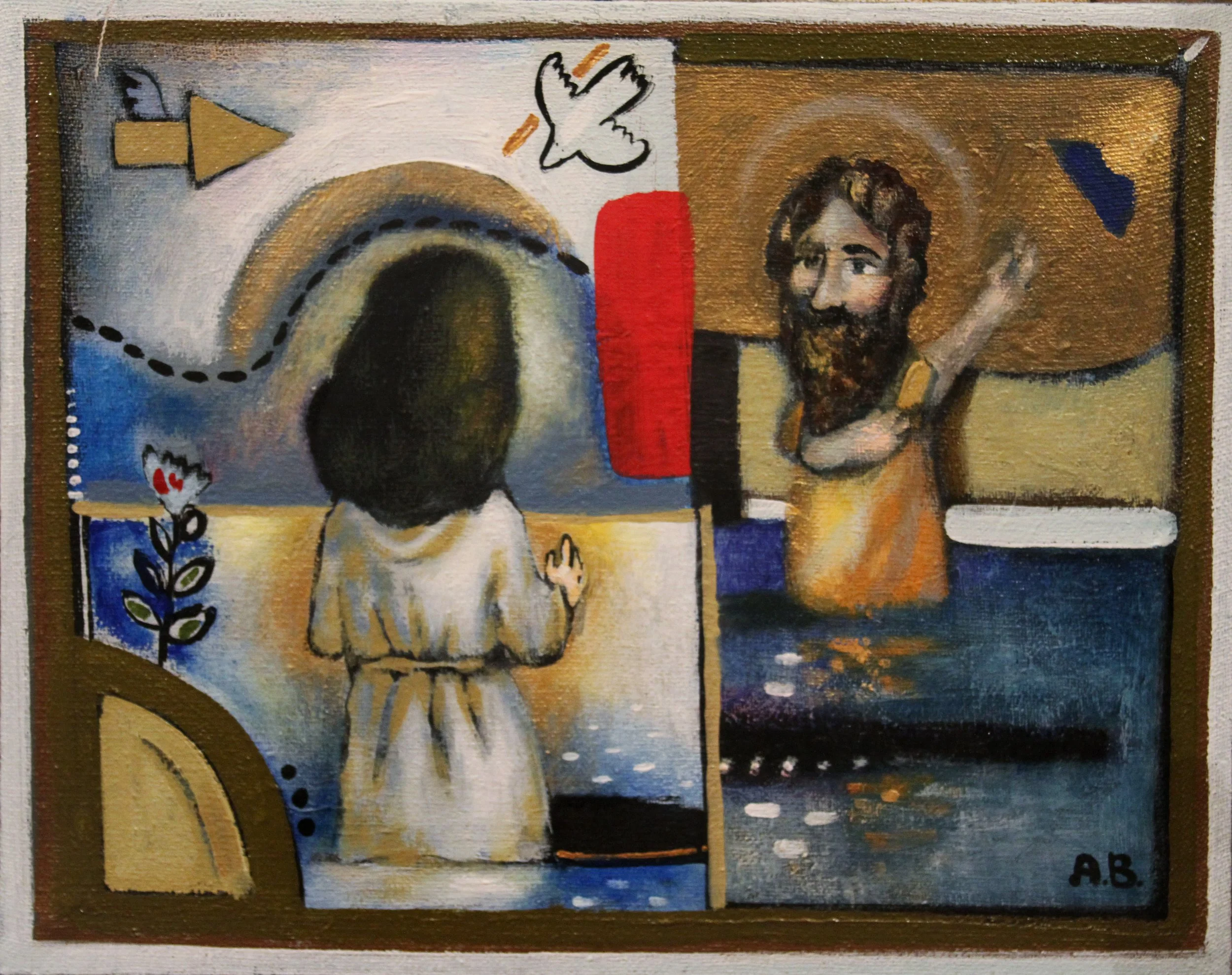 A religious painting depicting a woman praying to Jesus, with a child-like figure, possibly a saint, on the right holding a staff and gesturing with the hand. The background includes abstract shapes and colors.