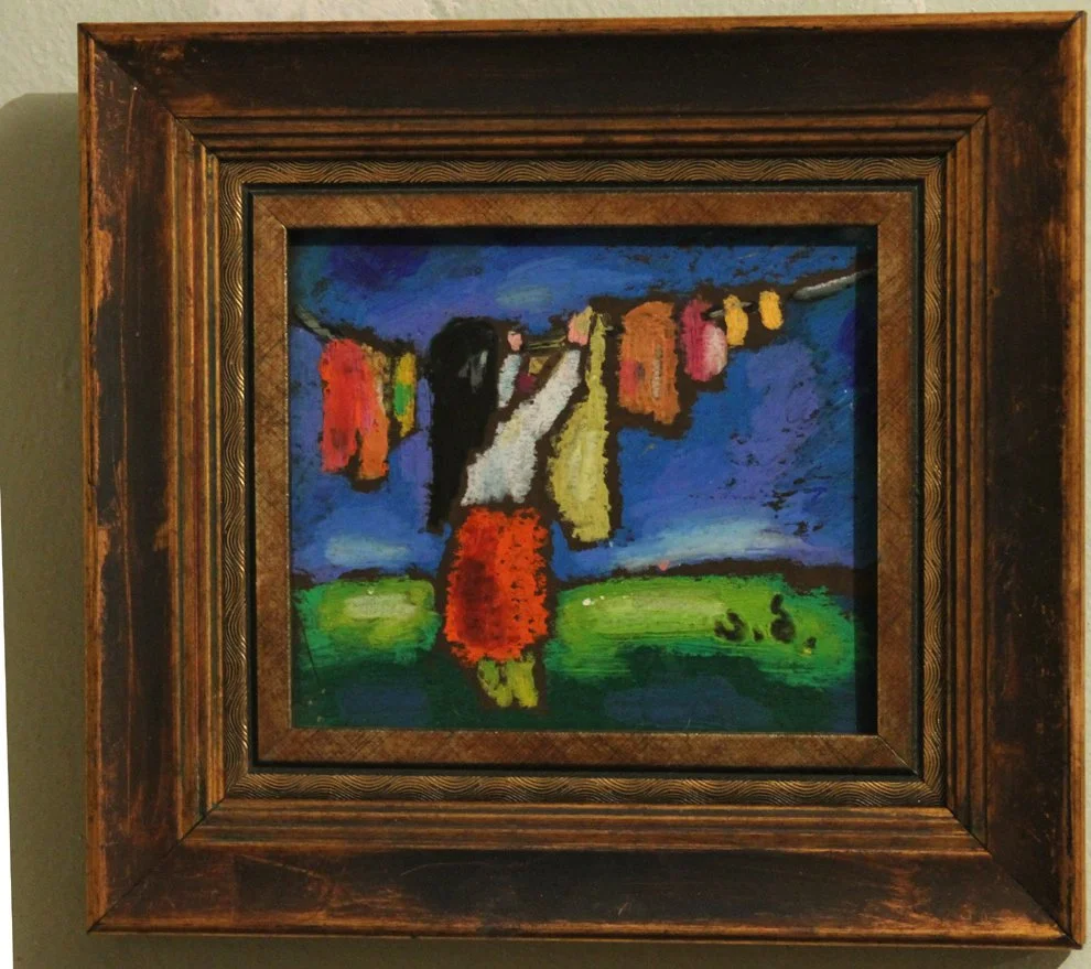 Painting of a woman hanging clothes on a clothesline outdoors with a sunset sky in the background.