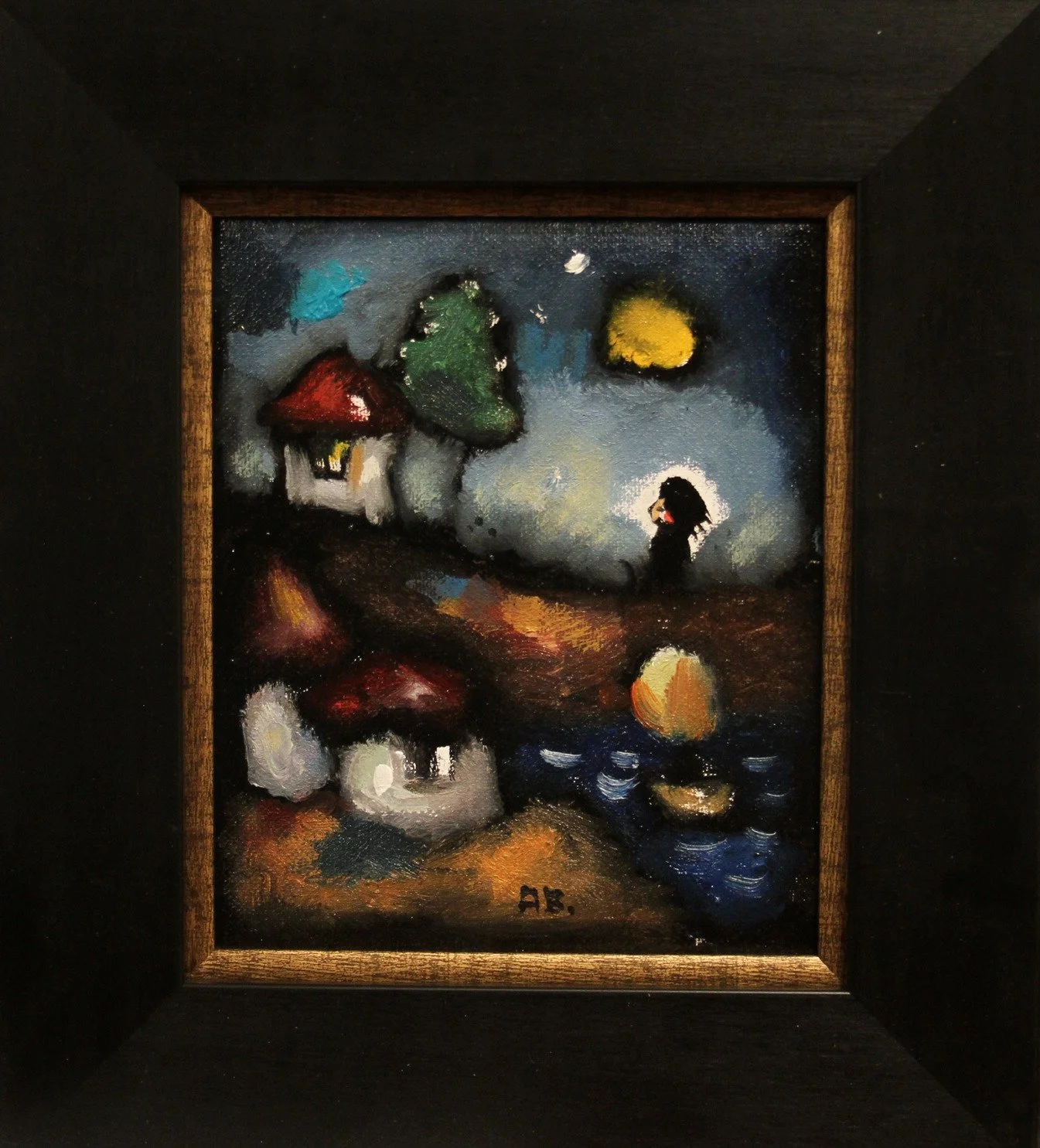 A colorful painted landscape featuring a small house with a red roof, trees, a woman holding an umbrella, boats on a water body, and a night sky with a moon, all framed in wood.