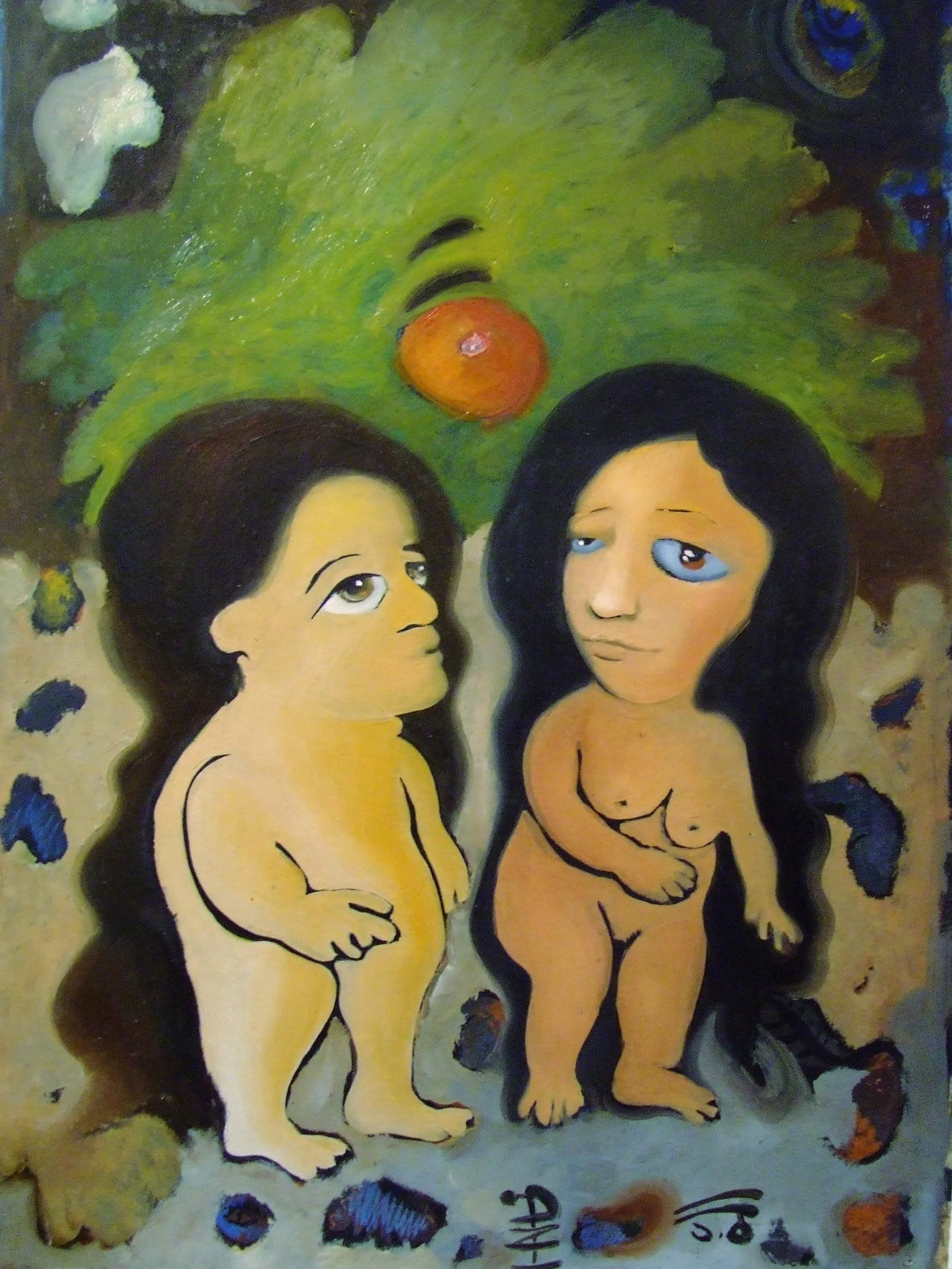Painting of two nude women with long black hair standing outdoors, looking upward at a tree with a single orange fruit, with colorful abstract shapes around them.