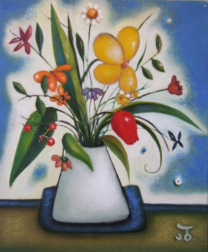 Colorful painting of a bouquet of various flowers and a yellow butterfly in a white vase on a table.
