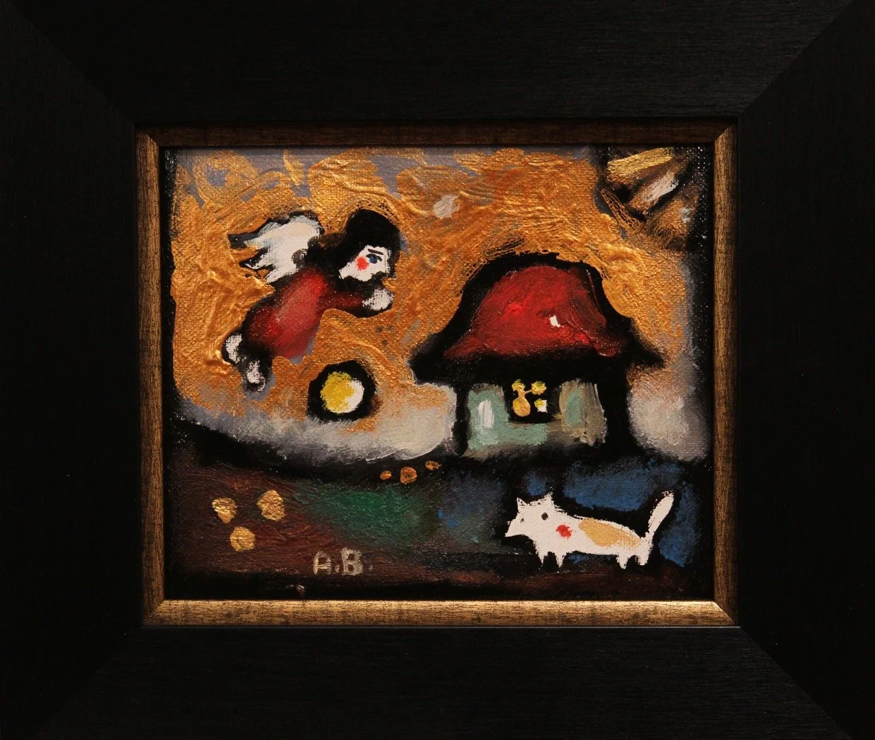 Small painting with an angel figure above a small red-roof house, golden textured sky and a white cat in the foreground.