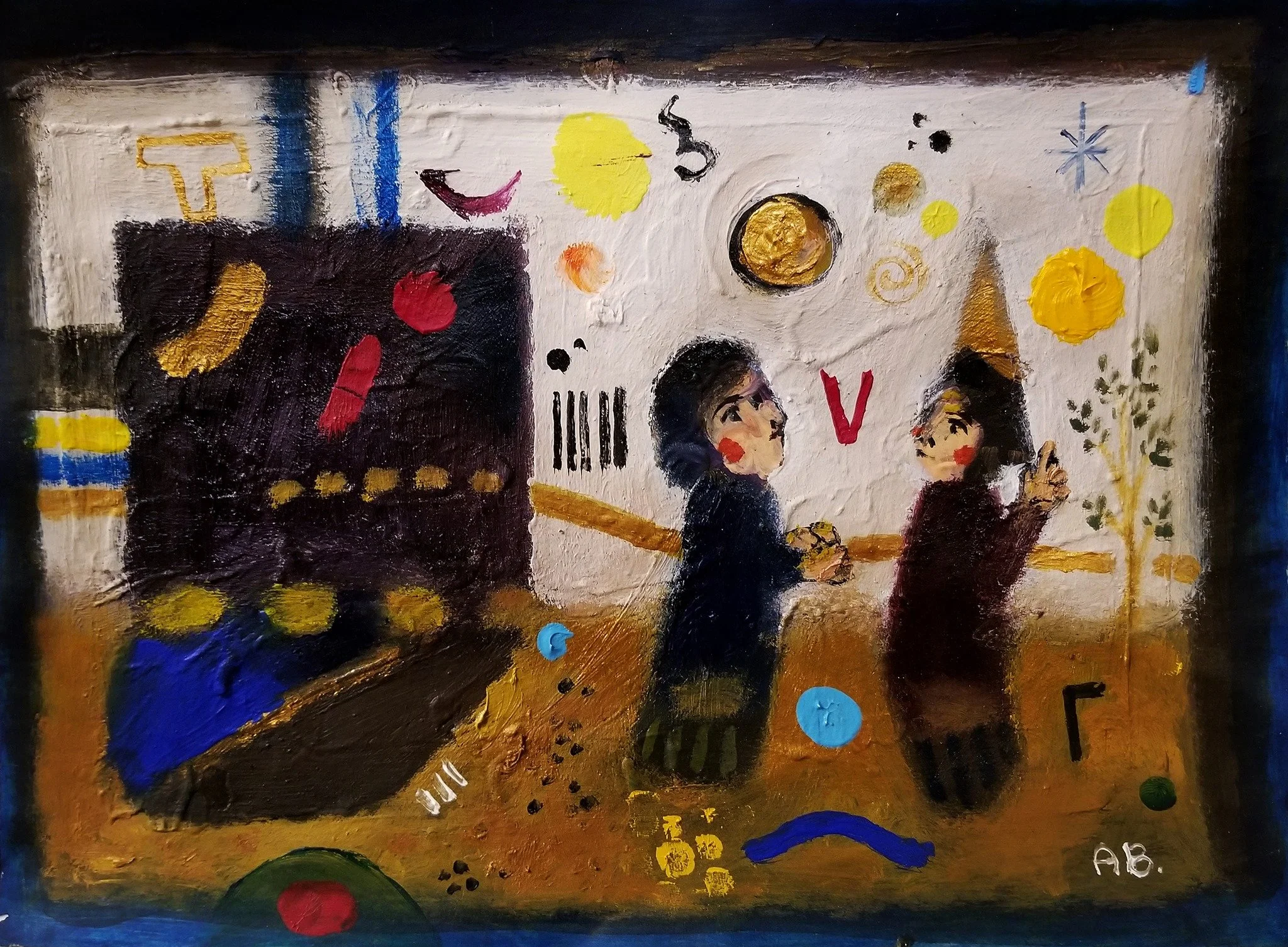 A colorful abstract painting of two children, one with dark hair and the other with short hair, facing each other in a room decorated with various shapes, symbols, and bright colors. The background features a brown and white wall, with yellow, blue, 