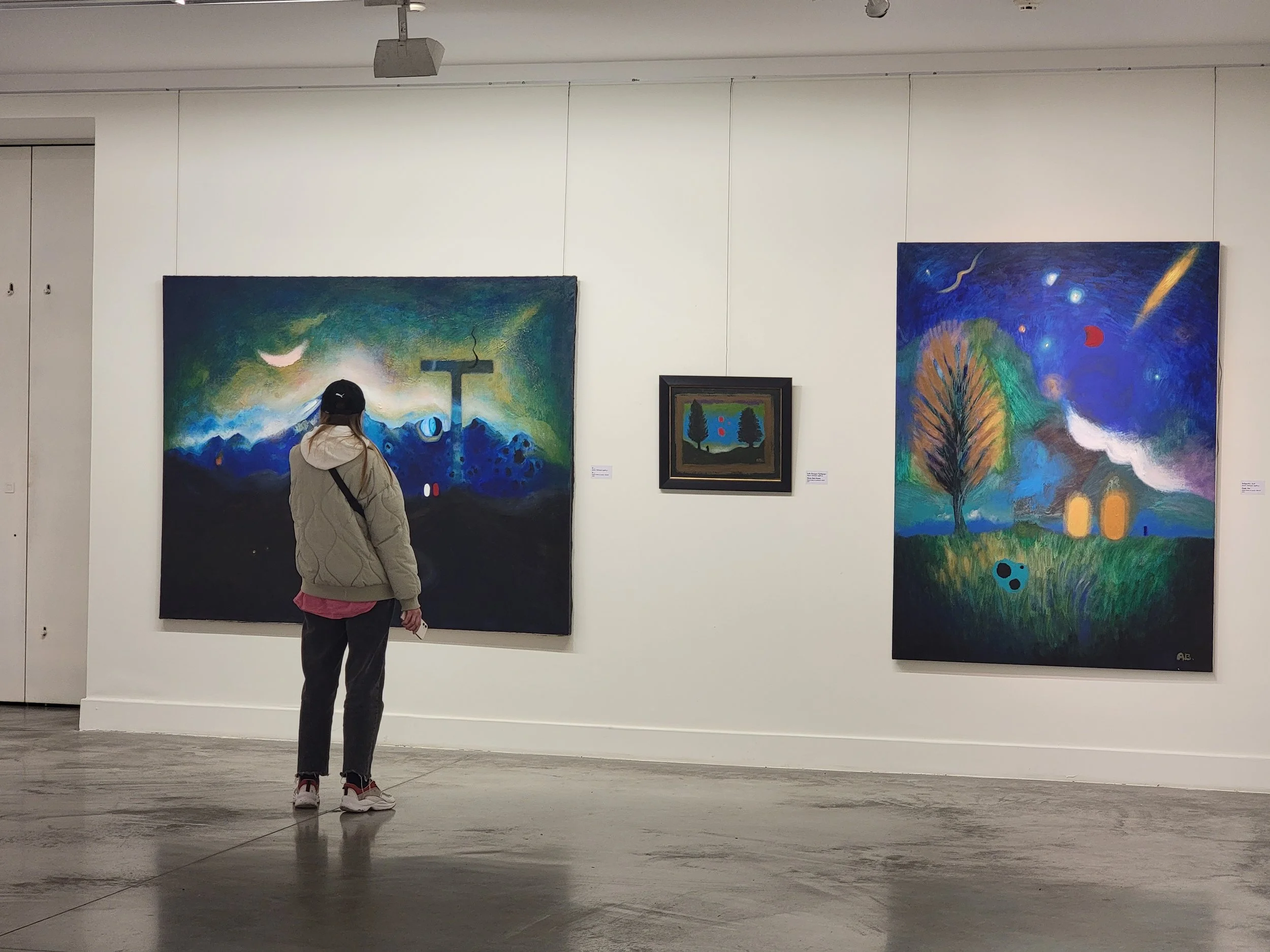 Person viewing colorful landscape paintings in an art gallery, artworks by Anton Balanchivadze
