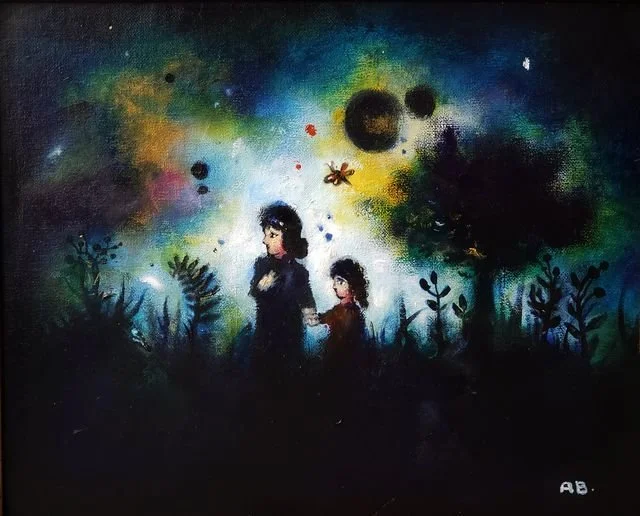 Silhouette of a woman and a young girl holding hands, standing in a abstract landscape with a colorful cosmic background filled with planets, stars, and swirling colors.