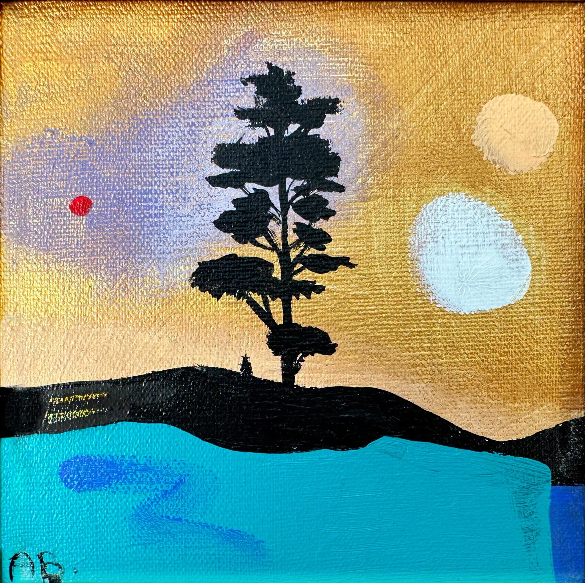 Silhouette of a tree against a colorful sunset or sunrise sky with large circles resembling clouds or celestial bodies.
