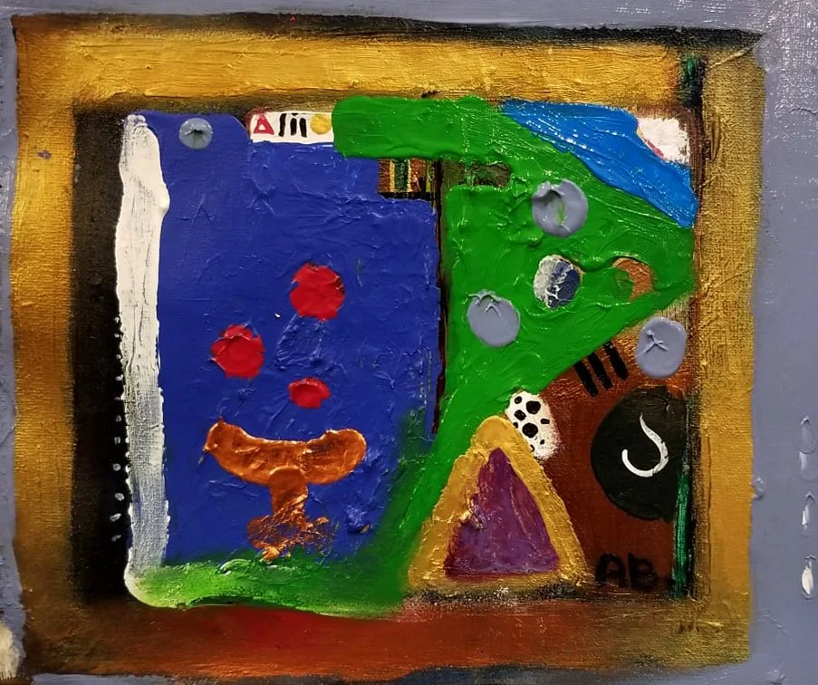 Colorful abstract painting with various shapes, colors, and symbols, including green, blue, purple, red, and black sections, and marked by textured brushstrokes.
