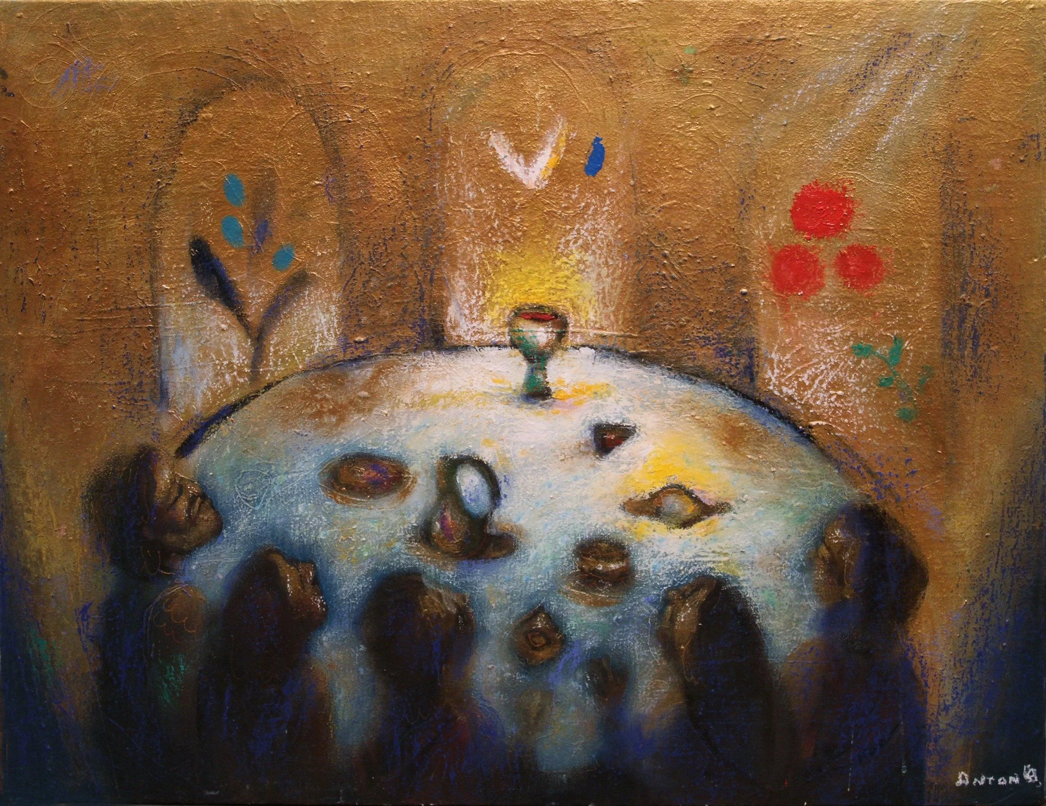 A still life painting of a table with a white tablecloth, a goblet, and several pieces of fruit, set against a warm, textured background with floral and abstract patterns.