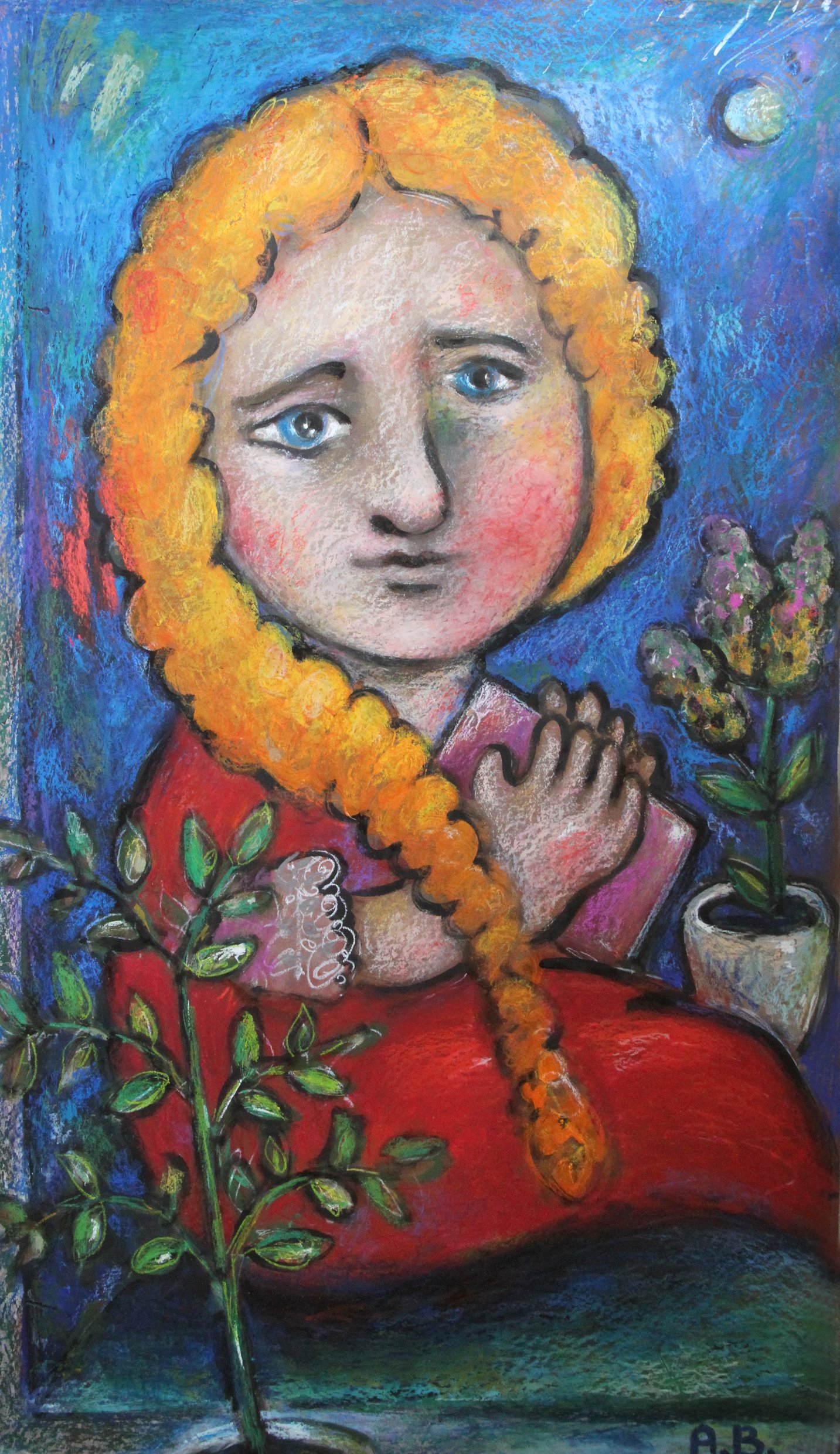 A colorful painting of a young girl with long curly orange hair, large blue eyes, and a contemplative expression. She is holding her hand to her chest and is surrounded by potted plants with purple flowers. There is a blue background with a moon in t