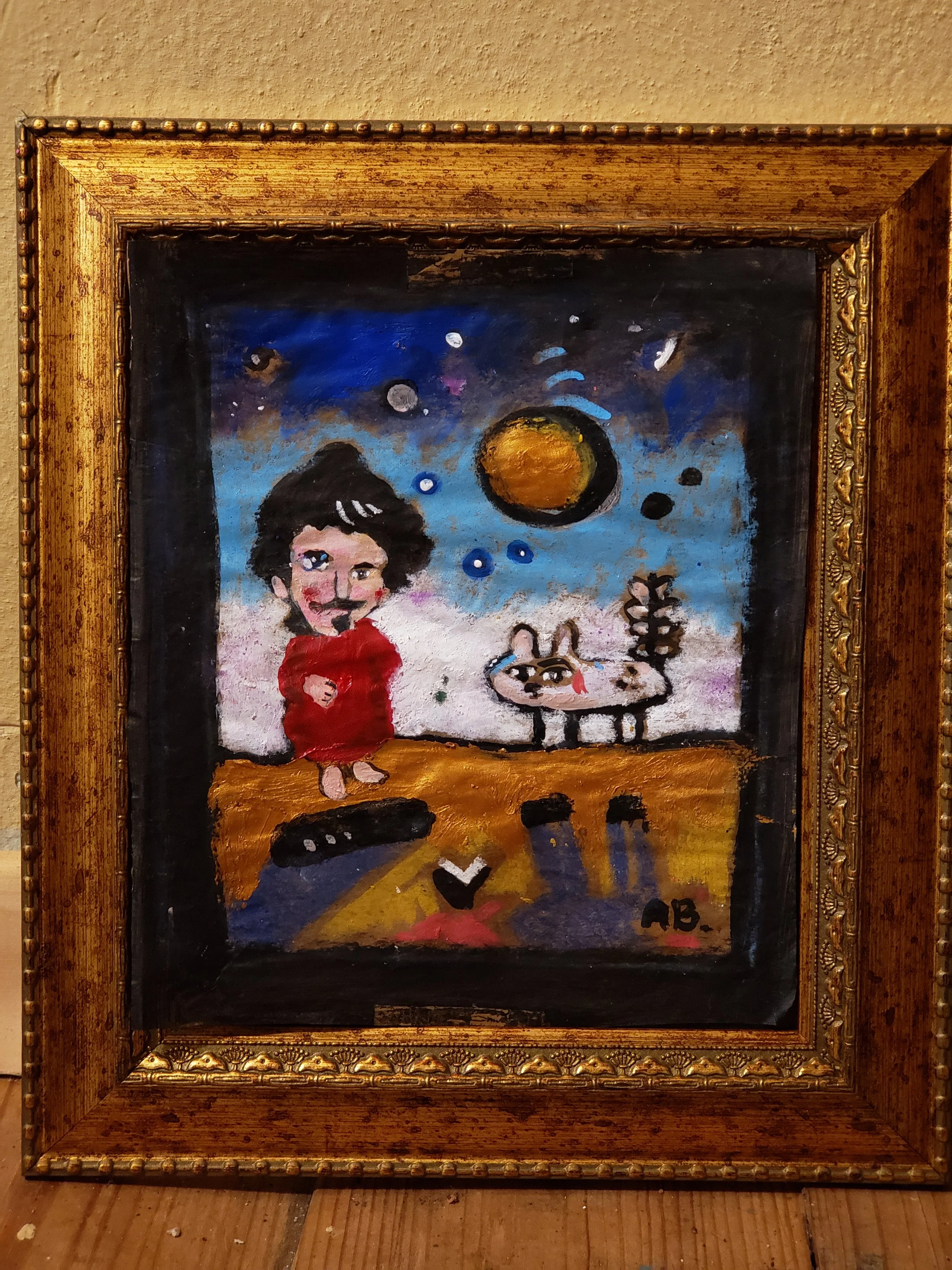 A whimsical painting depicts a girl with black hair and a red dress standing on a colorful landscape under a starry sky with planets, including a large yellow one. She next to a cat with a sad expression and a tear. The painting is signed with the in