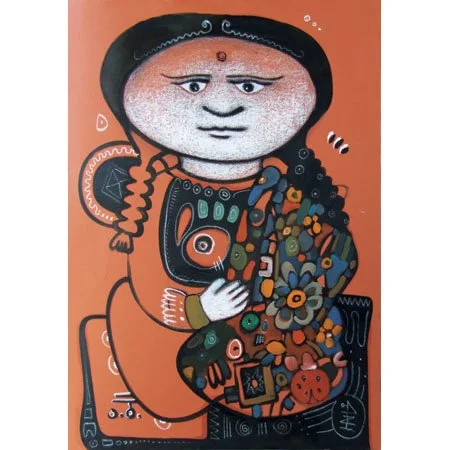 An abstract painting of a woman with a large, oval face, holding a bouquet of colorful flowers and wearing orange clothing, with a dark background.
