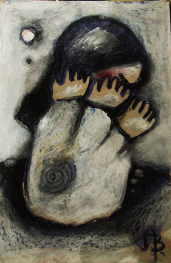 Abstract painting of a woman with dark hair, covering her face with her hands, nipples visible, and dark circular pattern on her stomach.