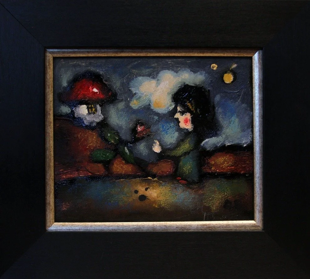 A dark, abstract painting depicting a person with black hair and red lipstick holding a rose, a large mushroom with a red cap, a small house, clouds, and two yellow moons in a night scene.
