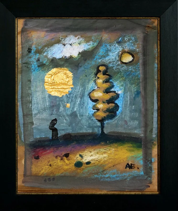 Abstract painting of a person standing on a hill at night, with a large yellow sun, a cloud, and a spiral-shaped tree, using vibrant blues, yellows, and dark tones.