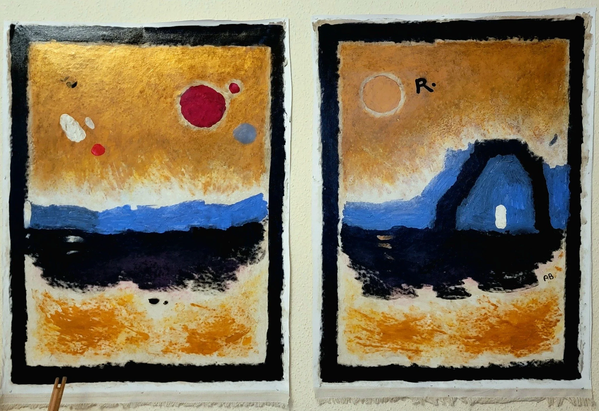 Abstract paintings of two landscapes with sky, ocean, and mountainous formations, featuring bright colors and textured brushstrokes.