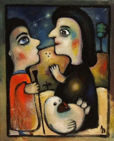 Painting of two people facing each other with a duck in front, set against a night landscape background.