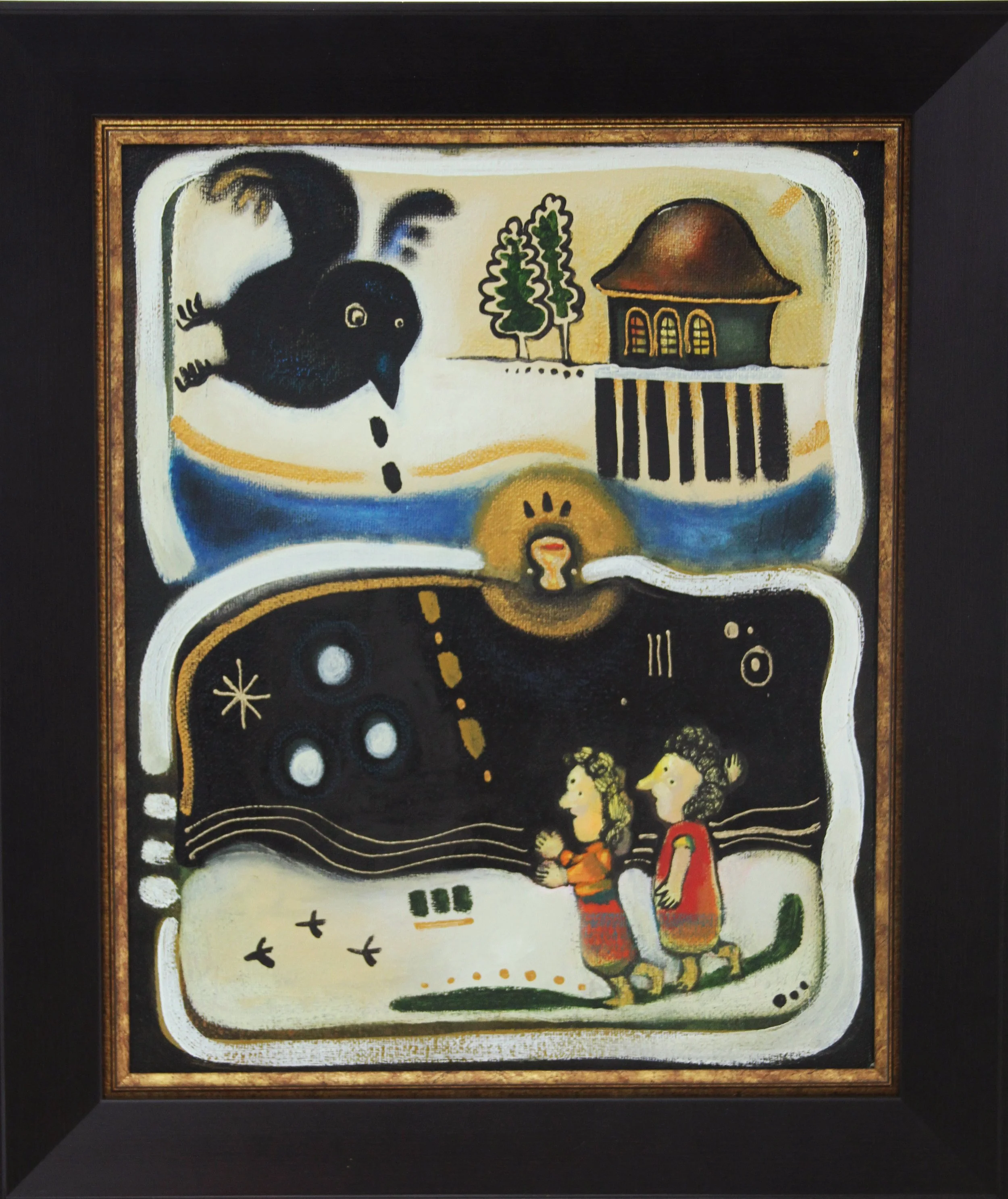 A surreal painting with various scenes: top left shows a bird dropping a black dot, top right has a house and trees, middle depicts a light source shining down, and bottom shows two children walking and looking at stars in the night sky.