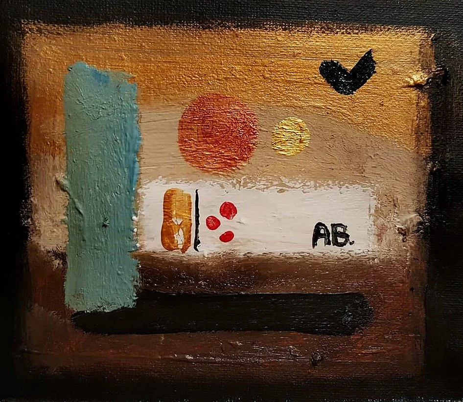 Abstract painting featuring textured brushstrokes, with a large light blue vertical shape on the left, a red circle, yellow circle, black and yellow rectangular shapes, small red dots, a black heart at the top right, and the initials 'AB' in black on