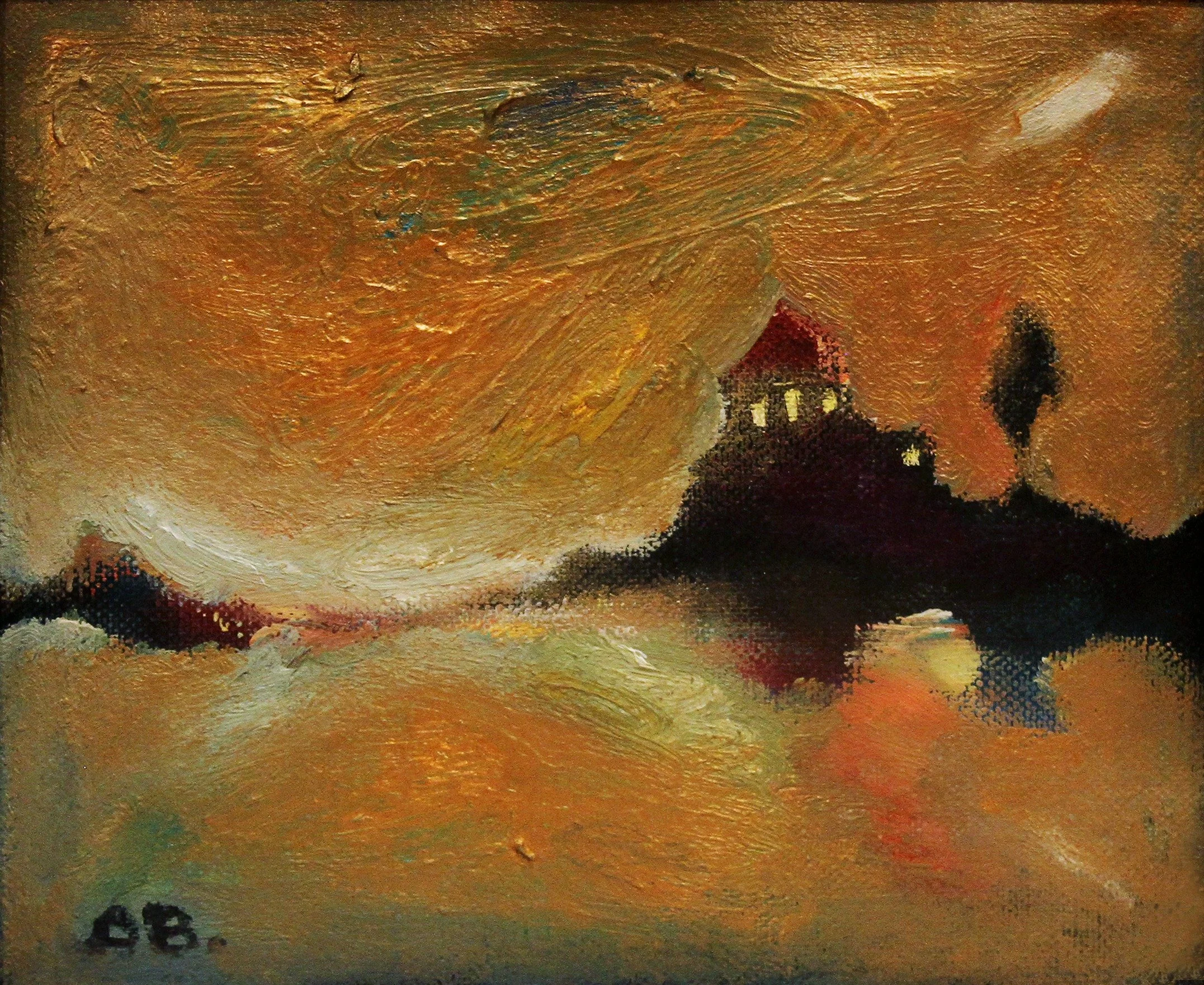 An abstract painting of a landscape with a house on a hill, trees, and a cloudy sky reflected in water.