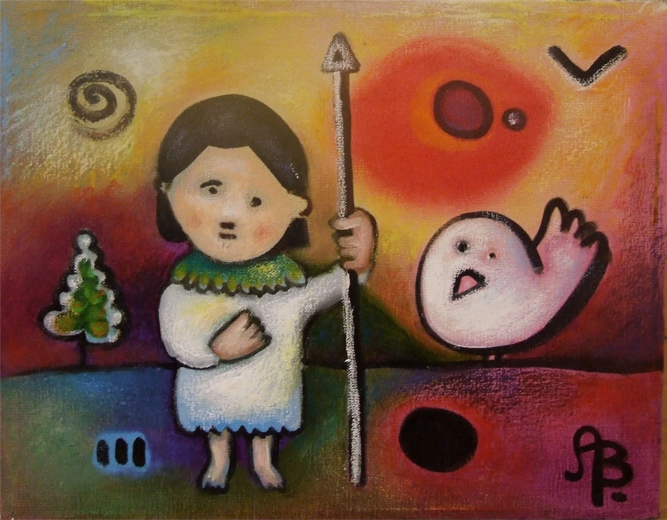 A colorful abstract painting of a girl with black hair holding a staff, alongside a floating egg-shaped face with an open mouth, against a vibrant background with swirling shapes and bright colors.