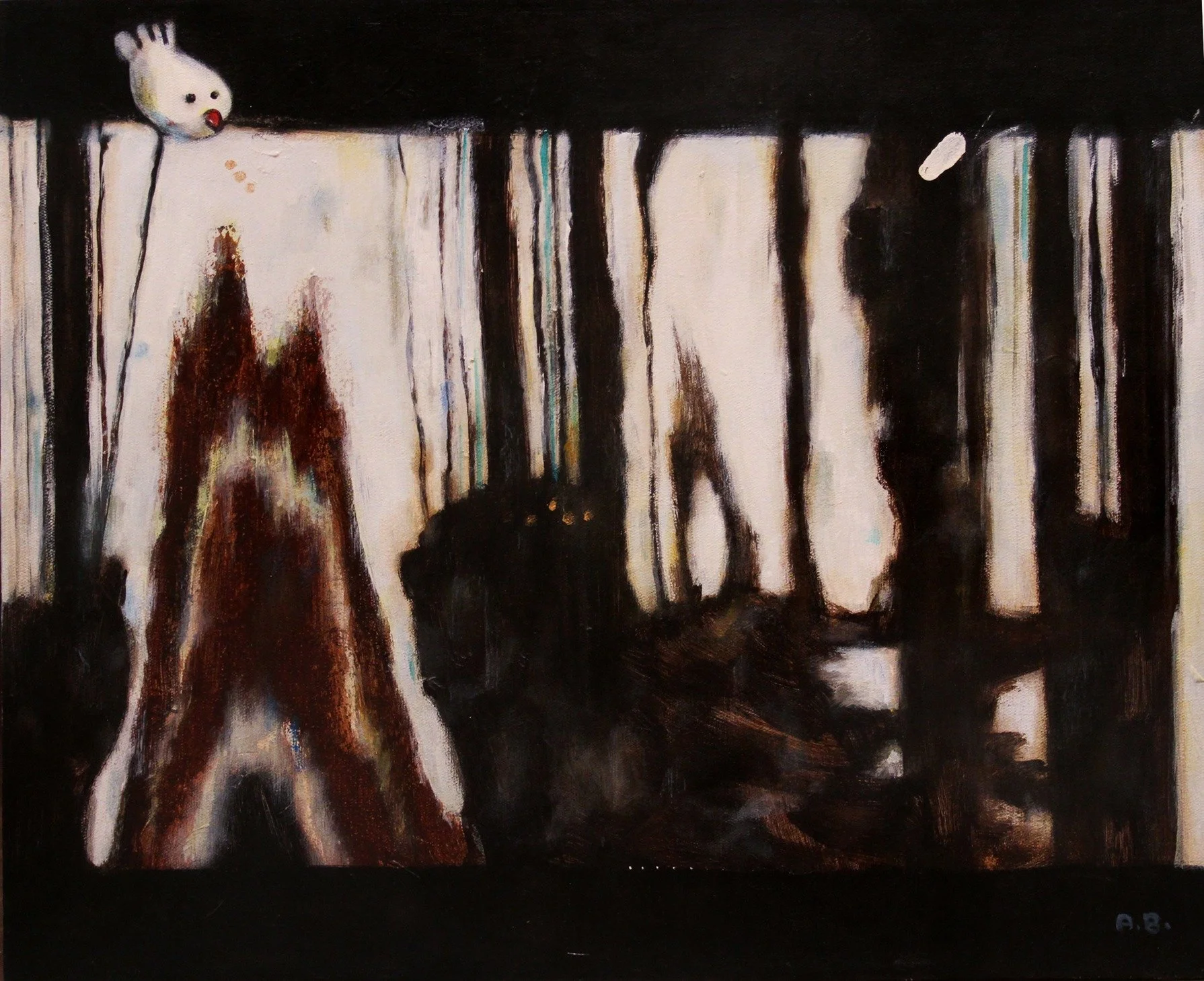 Abstract painting with dark vertical stripes, a large star shape, and a small white character with a face in the upper left corner.