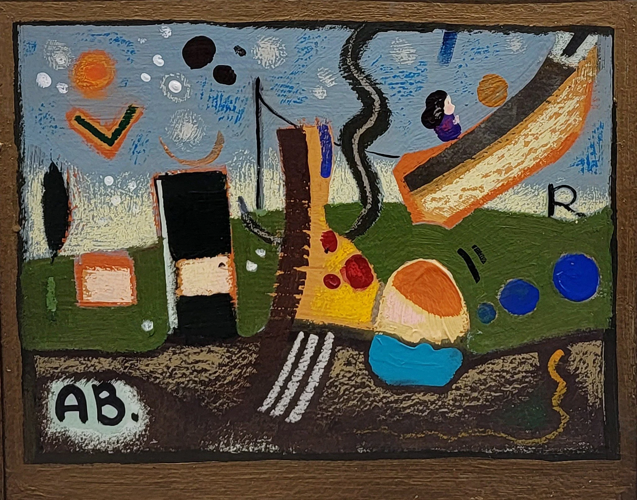 A colorful abstract painting with various shapes and figures, including a girl in purple, a large orange and green shape resembling a landscape, and black outlines on a blue and green background.