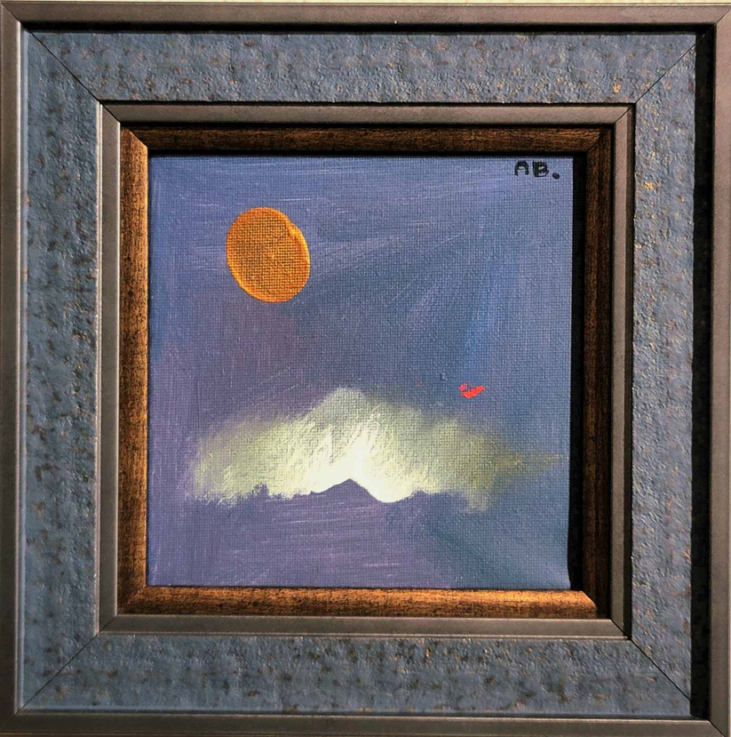 A framed painting of a mountain under a blue sky with a yellowish-orange sun in the upper left corner, a small red heart to the right, and a signature 'aB.' in the upper right corner.