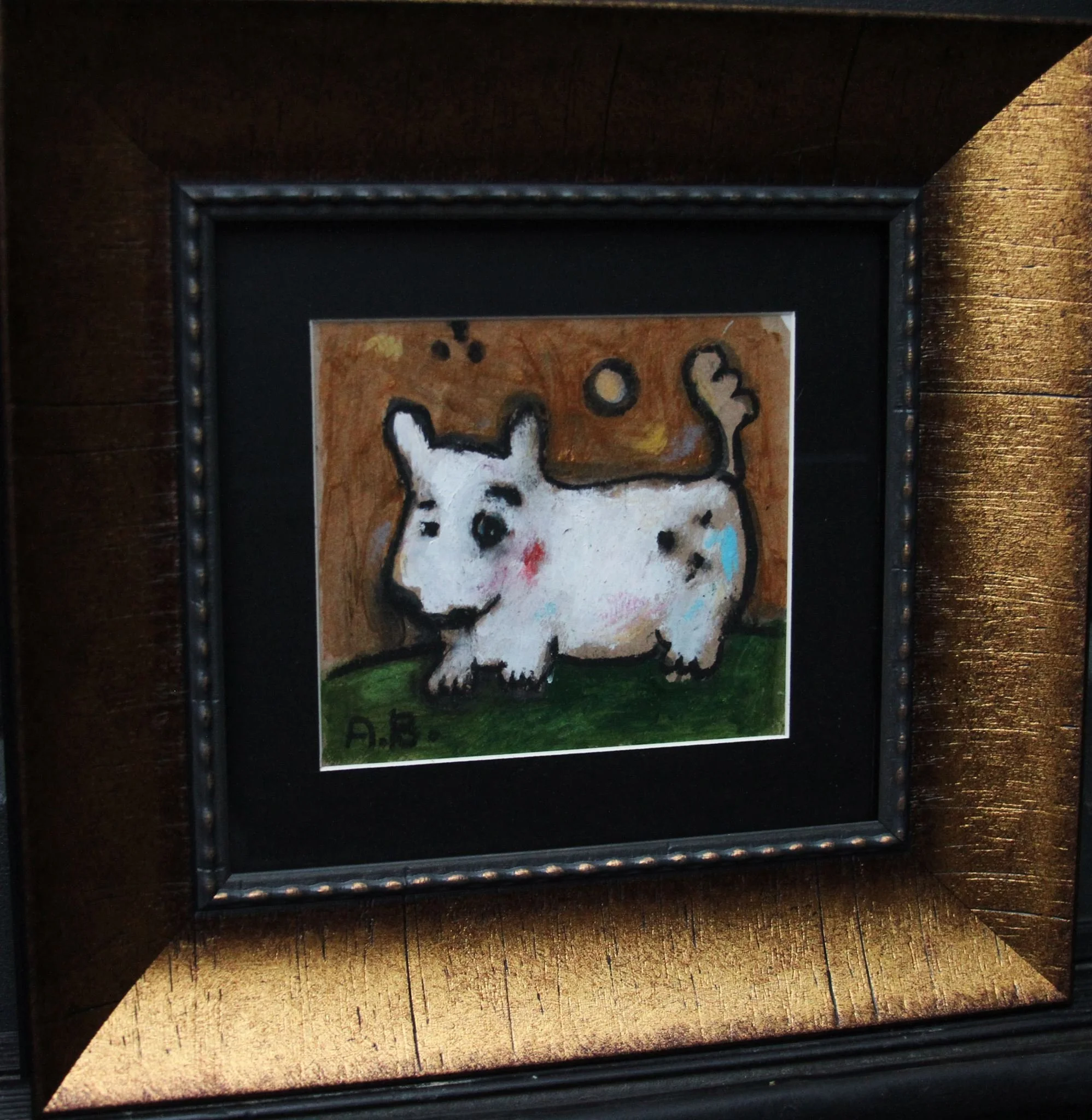 Painting of a cute white dog with black spots, standing on green grass with a brown background, signed by A.B.