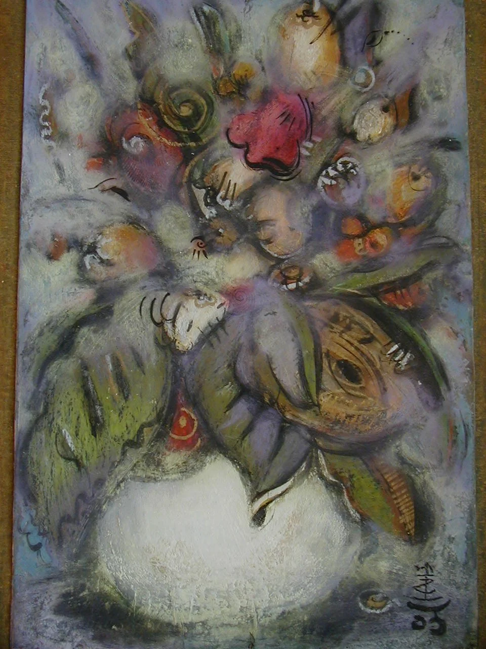 Abstract painting featuring colorful, swirling shapes and lines, with some resembling faces, eyes, and animal features, on a primarily muted background.