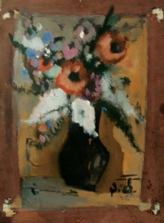 An abstract still life painting of a vase with colorful flowers on a yellow background.