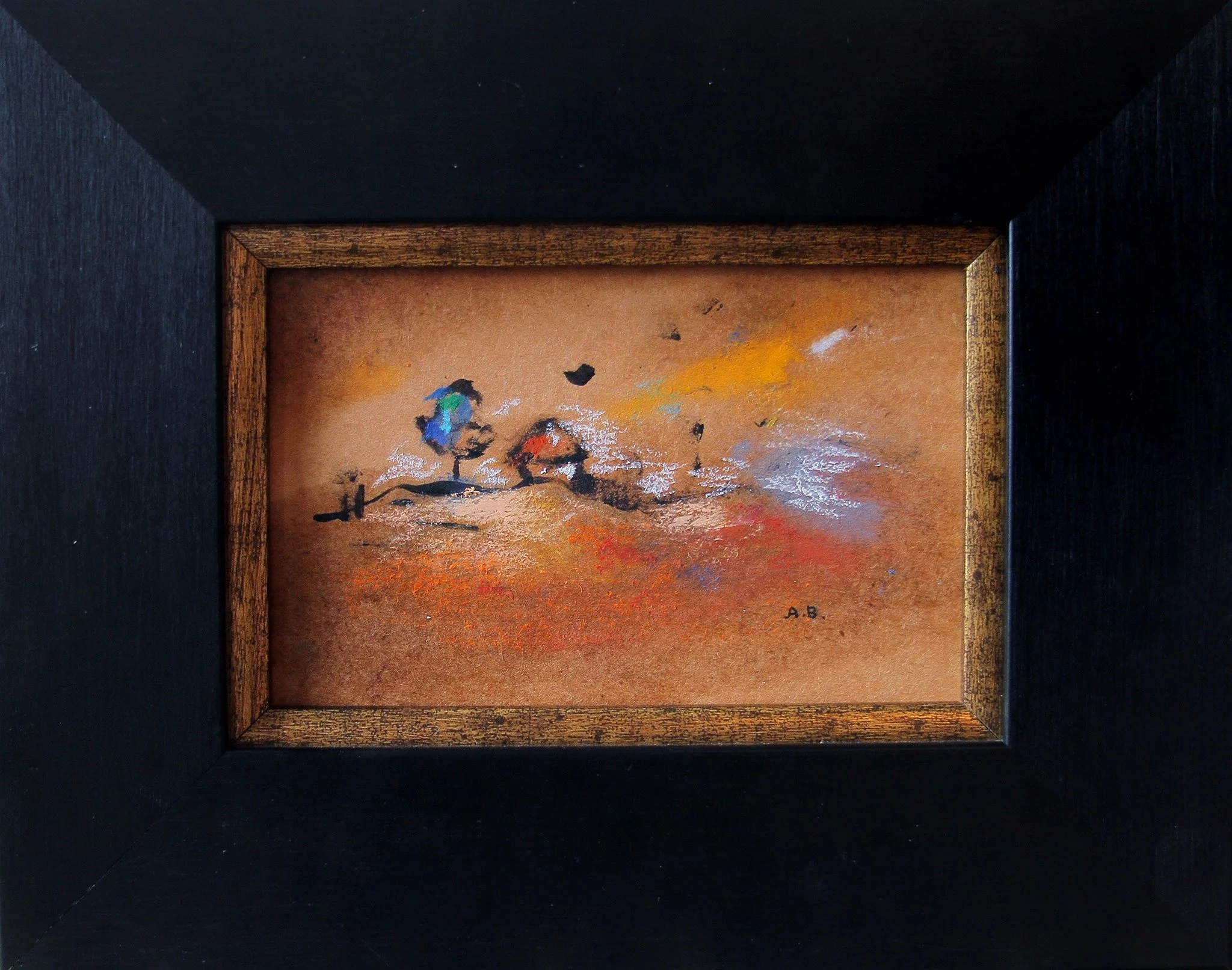 Small abstract landscape painting with trees, sky, and road, signed 'A. B.' in black ink, framed in a dark wooden frame.