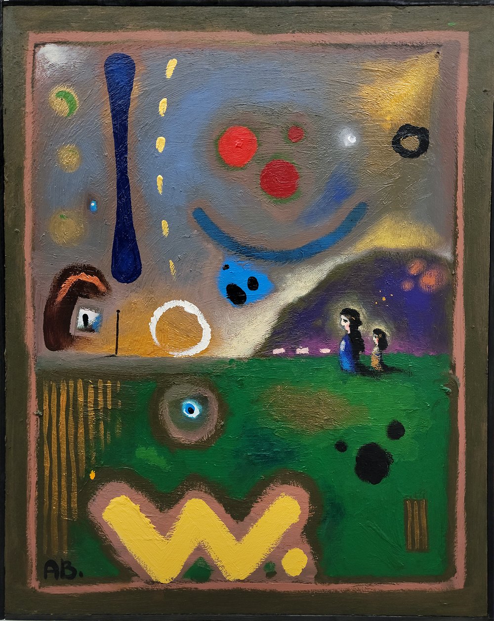 An abstract painting with various colorful shapes and figures. There is a large red face with three red circles for the nose, a blue smile, and two eyes. To the right, two human-like figures stand on green grass with a dark mountain in the background