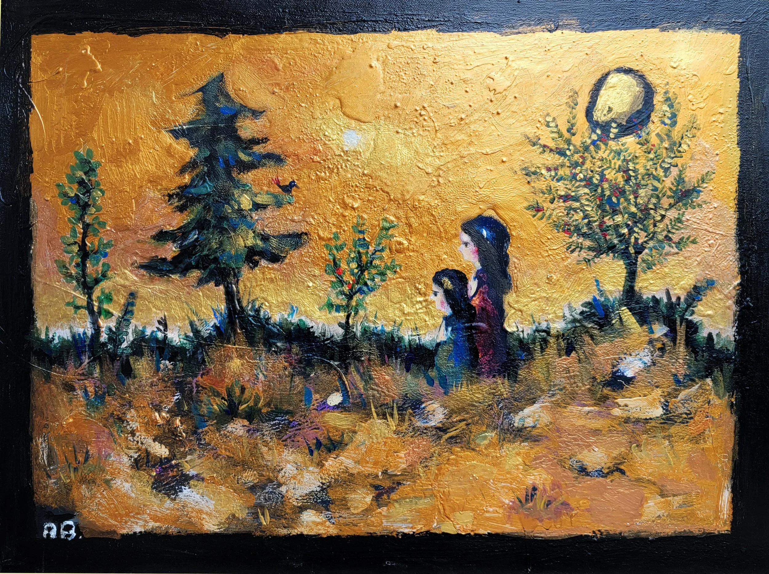 A painting of two women sitting and praying in a field with trees and a setting sun in the background.