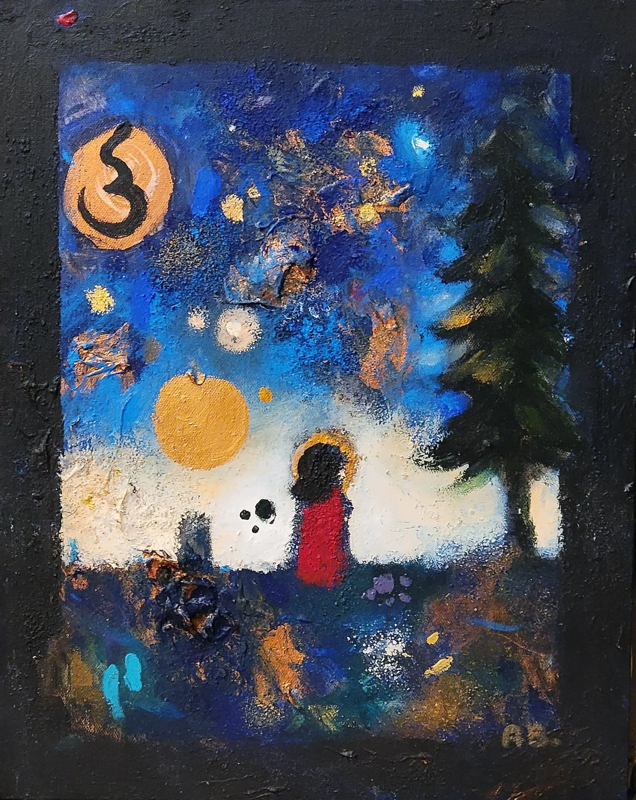 Abstract painting of a person with a halo, standing outdoors near a pine tree, under a starry night sky with bright orbs and splashes of gold, blue, and white.