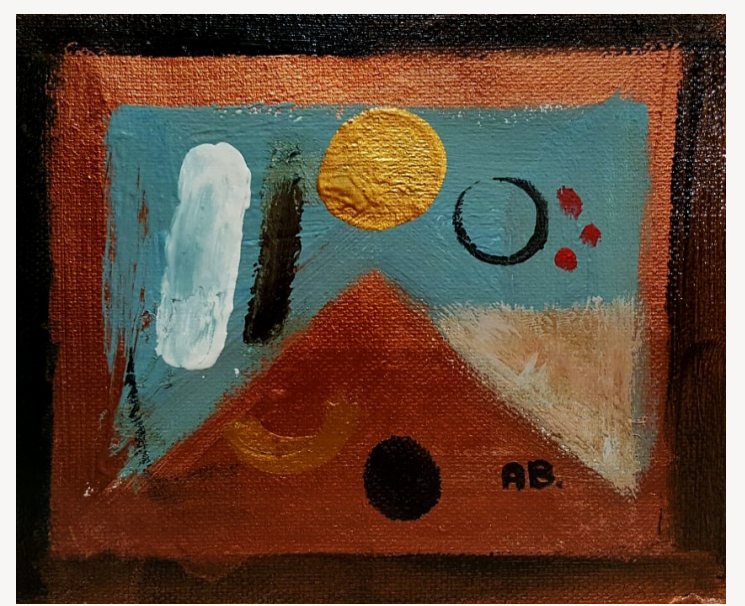 Abstract painting with geometric shapes and brushstrokes, including a yellow circle, black and red circles, a white and black vertical stripe, and the initials 'AB' in black
