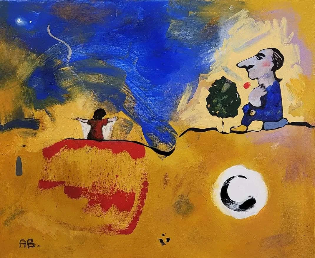 Abstract painting with a blue sky and yellow landscape, featuring a woman in a red dress with arms outstretched and a large nose figure in a blue suit sitting next to a tree, with a crescent moon and colorful brushstrokes.