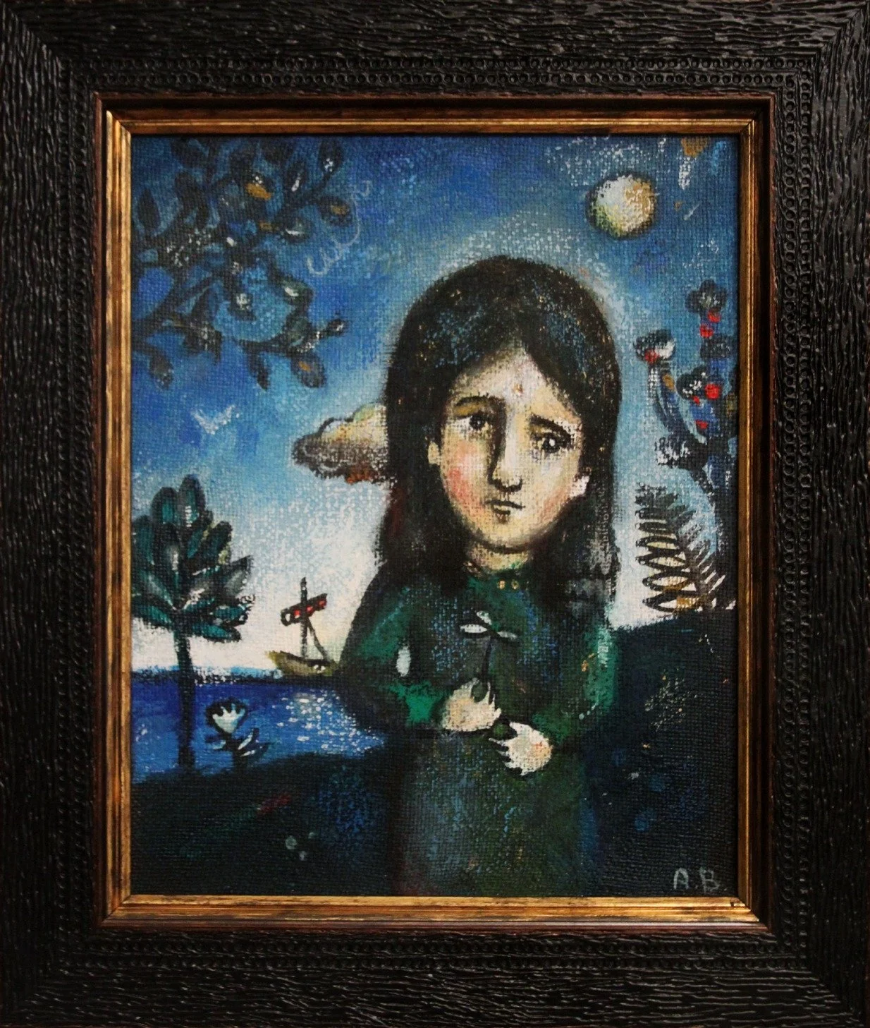 A framed painting of a woman with dark hair and a green top, holding a flower, set against a night scene with trees, a boat, and a moon in the sky.