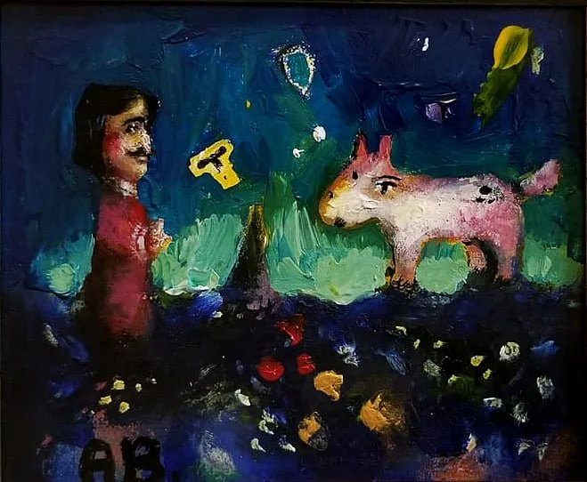 Colorful painting of a girl with black hair, a green tree with a hole, a pink animal resembling a combining cat and pig, and a dark background with abstract details.