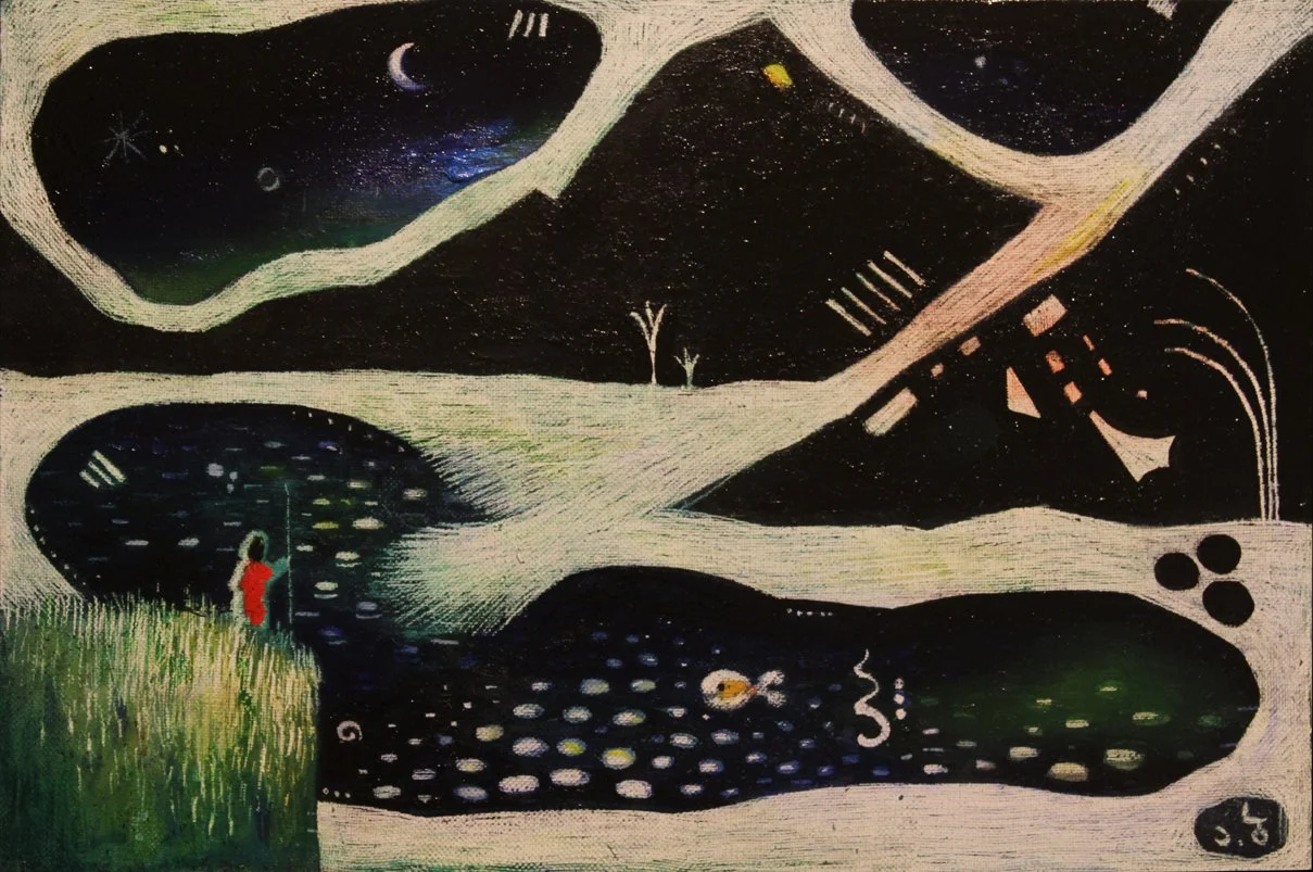 A surreal landscape with a starry sky, crescent moon, and planets. There are rolling hills, a person in red standing in tall grass, and abstract shapes representing water or ponds with fish. The scene combines natural elements with abstract, cosmic, 