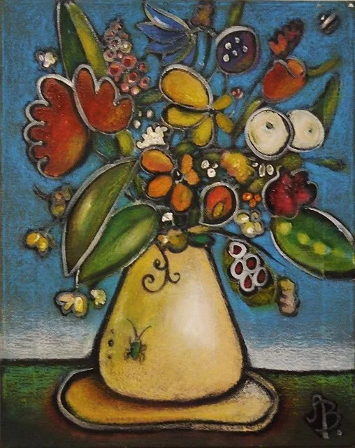Colorful abstract painting of a flower bouquet in a yellow vase on a blue background.