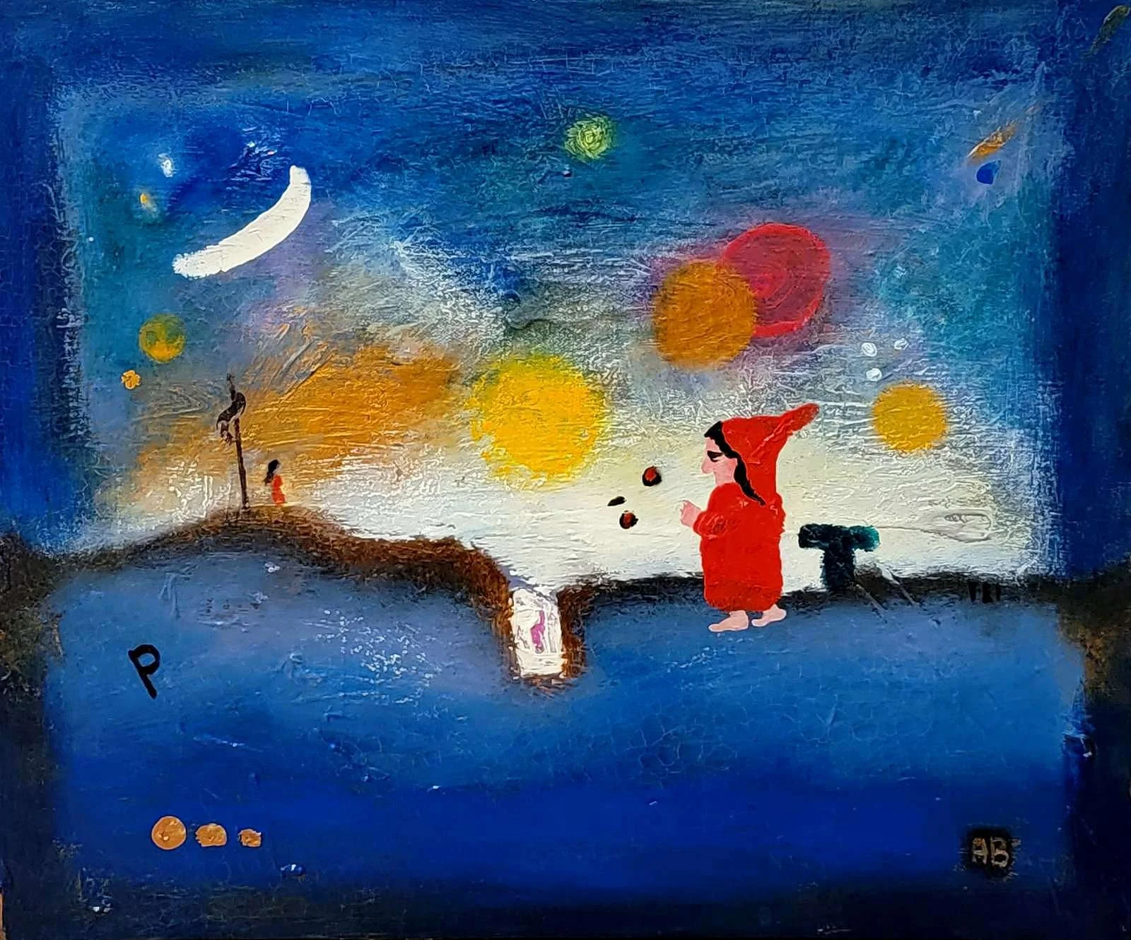 A colorful abstract painting of a girl in a red hooded coat standing on a hill at sunrise or sunset. There are two other figures in the background, one on the hill, and a landscape with bright yellow and orange circles representing the sun or planets