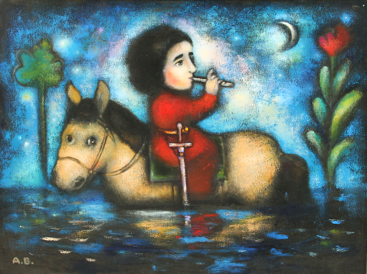 A colorful fantasy painting of a boy in a red outfit riding a horse that is partially submerged in water. The boy plays a flute, with a leafy tree on the left and blooming flower on the right, under a starry night sky with a crescent moon.