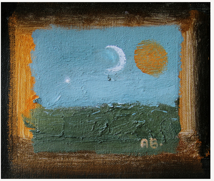 Anton Balanchivadze, asbtract, textured painting of a landscape with a night sky featuring a crescent moon, a small star, an orange sun, and green land in the foreground.