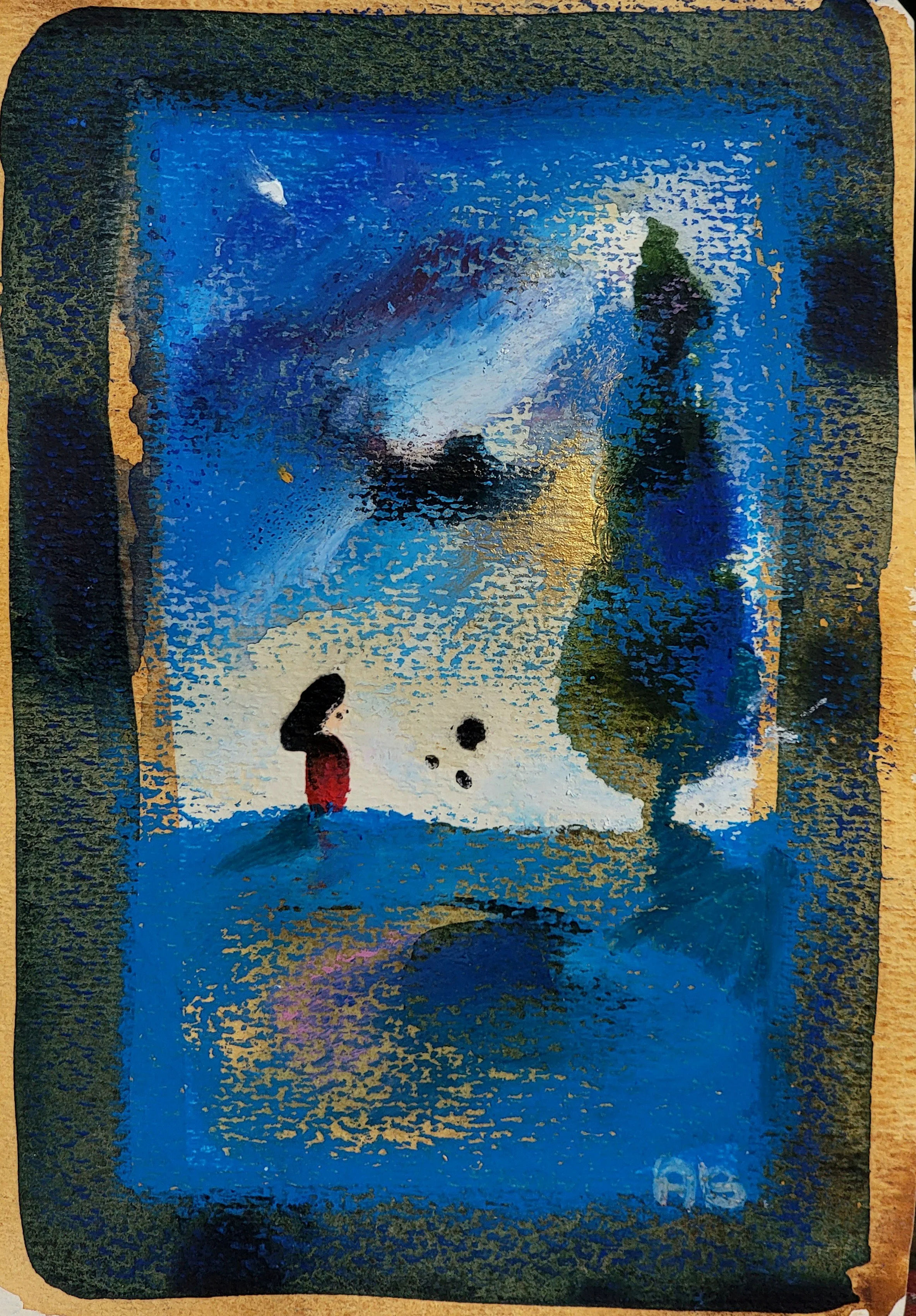 A whimsical, impressionist-style painting of a girl in a red dress standing by a tree under a starry night sky with clouds and a crescent moon, viewed through a window or door frame.